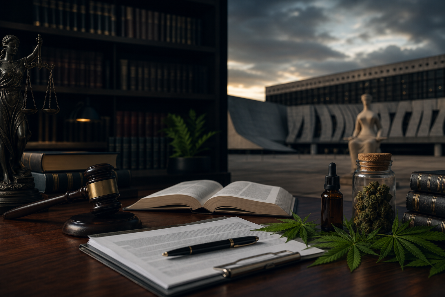 Planta de cannabis e martelo de juiz representando decisões do STJ sobre cannabis medicinal